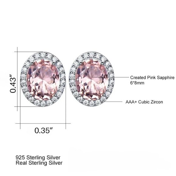 NWT Oval Pink Sapphire Stud Earring 14K Gold Over 925 Silver CZ Halo Feminine - Picture 3 of 8